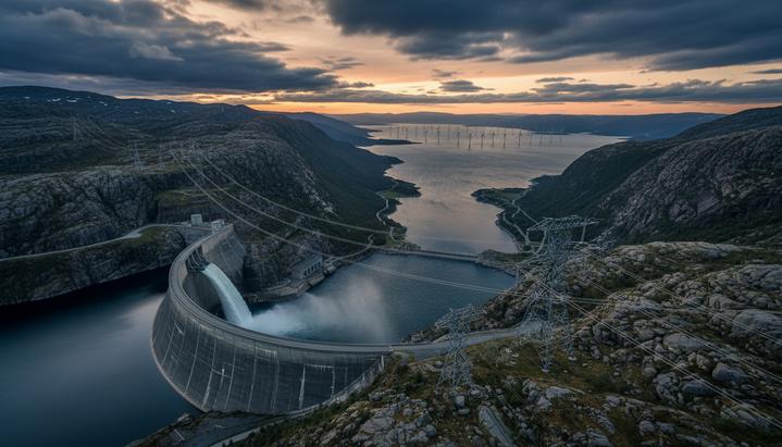 Плотина гидроэлектростанции в горной долине на фоне норвежского фьорда, вдали на горизонте виднеется морская ветроэлектростанция.