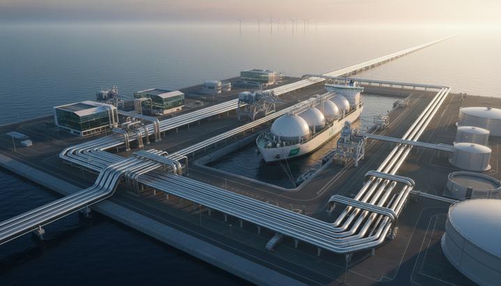 Современный промышленный порт с сетью трубопроводов и специальным танкером для перевозки сжиженного водорода на рассвете.