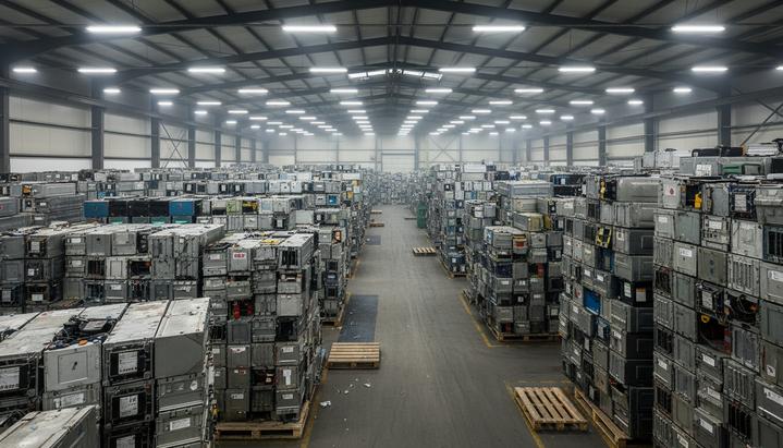 Бум электрокаров в Бразилии: угроза отработанных батарей Просторный склад с аккуратными рядами отработанных аккумуляторов от электромобилей, подготовленных к последующей переработке.