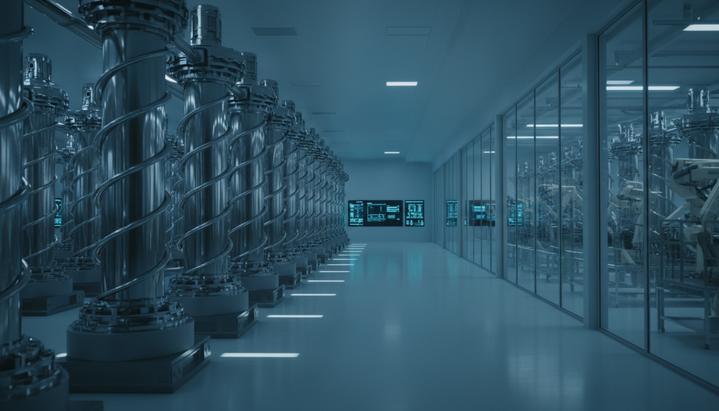 Завод по производству ядерного топлива, ряды металлических центрифуг для обогащения урана в стерильном помещении.