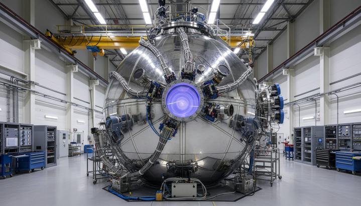 Внутренний вид сферического термоядерного реактора MAST Upgrade в исследовательском центре: сложная металлическая камера с проводами.