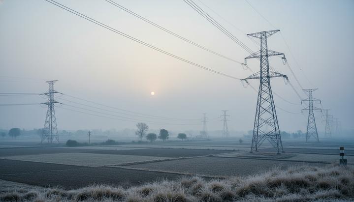 Массивные опоры линий электропередач в индийской сельской местности, уходящие вдаль в холодном утреннем тумане.