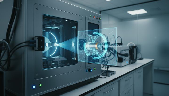 Современная лаборатория: установка микротомографии сканирует аккумуляторную батарею, рядом видна 3D-модель ее внутренней структуры.