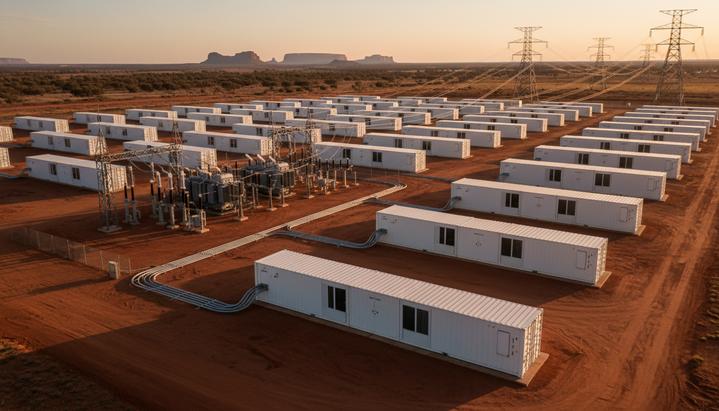 Крупномасштабная аккумуляторная станция хранения энергии с рядами контейнерных модулей и подстанцией в австралийской степи.