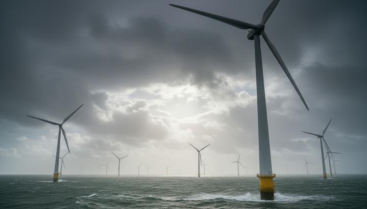 Огромные ветряные турбины морской ветроэлектростанции, установленные в неспокойном море под пасмурным небом.