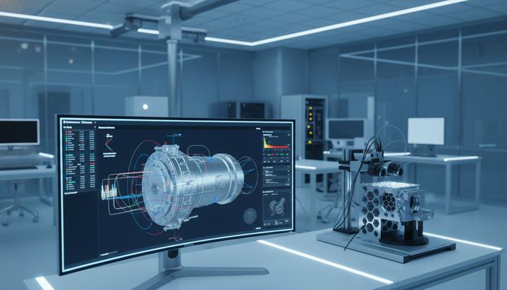 Швеция инвестирует 108 млн крон в будущее ядерных технологий Современная научная лаборатория: на столе монитор с 3D-моделью детали реактора и образец металла под микроскопом.
