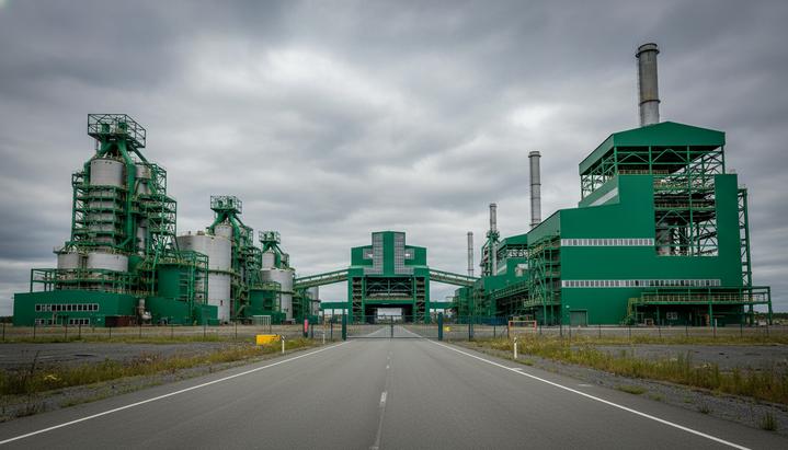 Огромный современный, но пустующий завод по производству зеленой стали на фоне пасмурного скандинавского неба.