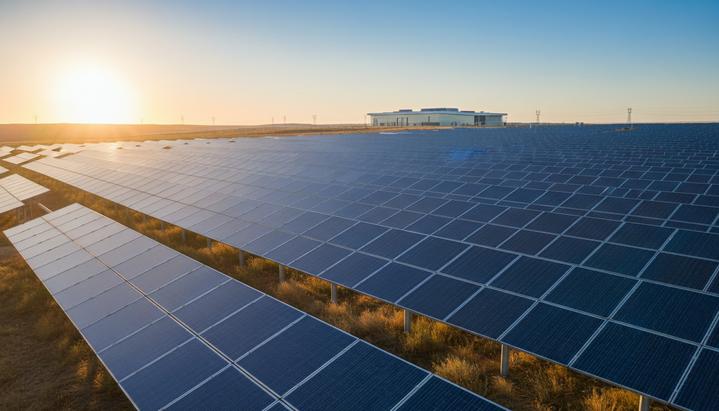 Солнечная электростанция с рядами панелей, уходящими к горизонту. На заднем плане – современное здание дата-центра.