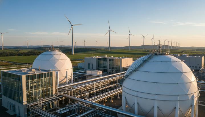 Современный завод по производству водорода с резервуарами для хранения на фоне пейзажа с ветряными турбинами.