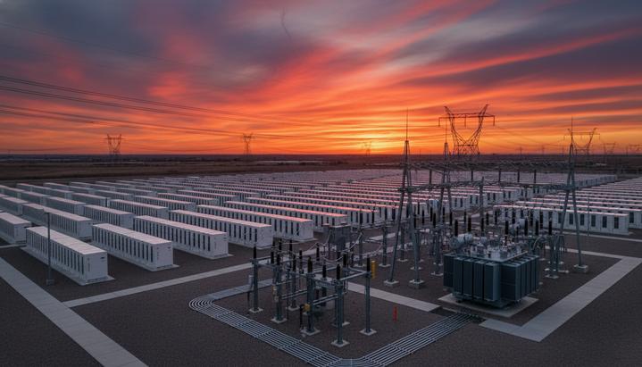 Промышленный комплекс аккумуляторных накопителей энергии на фоне линий электропередачи во время заката.
