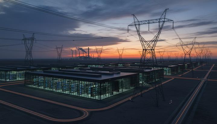 Огромный комплекс дата-центра в сумерках, от которого тянутся высоковольтные линии электропередач к силуэту электростанции на горизонте.
