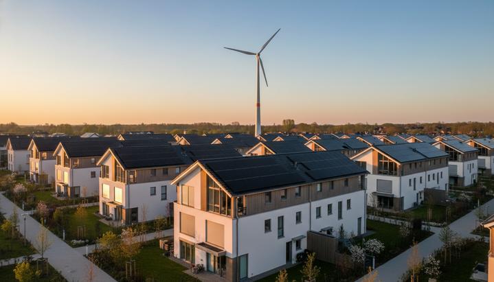 Солнечные панели на крышах домов в европейском жилом районе на закате, вдалеке видна ветряная турбина.