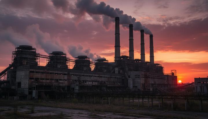 Крупная угольная электростанция Eraring с четырьмя дымовыми трубами, из которых идет пар, на фоне заката.