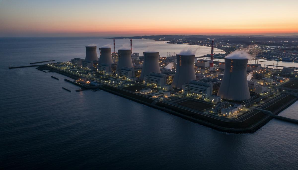 Крупнейшая в мире атомная электростанция Касивадзаки-Карива на побережье Японии в вечернее время.