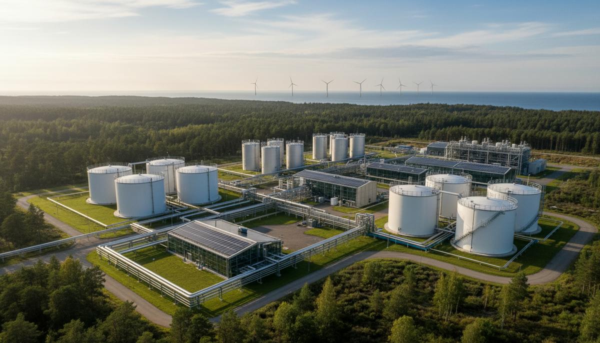 Современный завод по производству водорода с резервуарами для хранения на фоне шведского побережья и морских ветрогенераторов.
