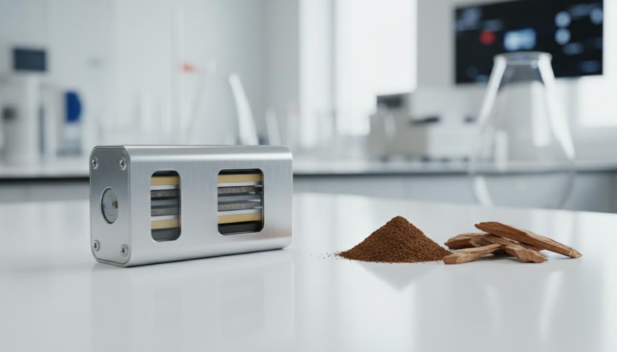 Аккумуляторы из древесины: дешевая и безопасная альтернатива литию Прототип натрий-ионного аккумулятора на лабораторном столе рядом с древесными опилками и порошком лигнина – сырьем для его производства.