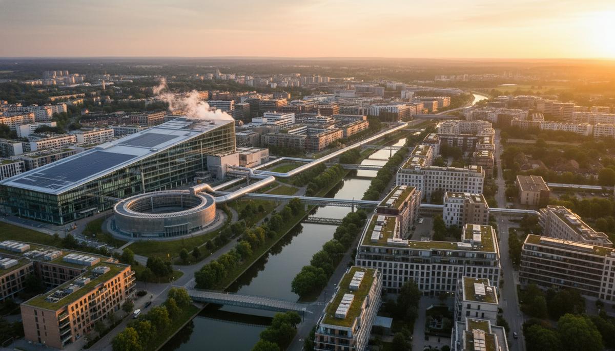 Симбиоз городов и промышленности: новая эра энергоэффективности Современный промышленный завод рядом с городским районом, соединенные большим трубопроводом для передачи энергии. Вид сверху на рассвете.