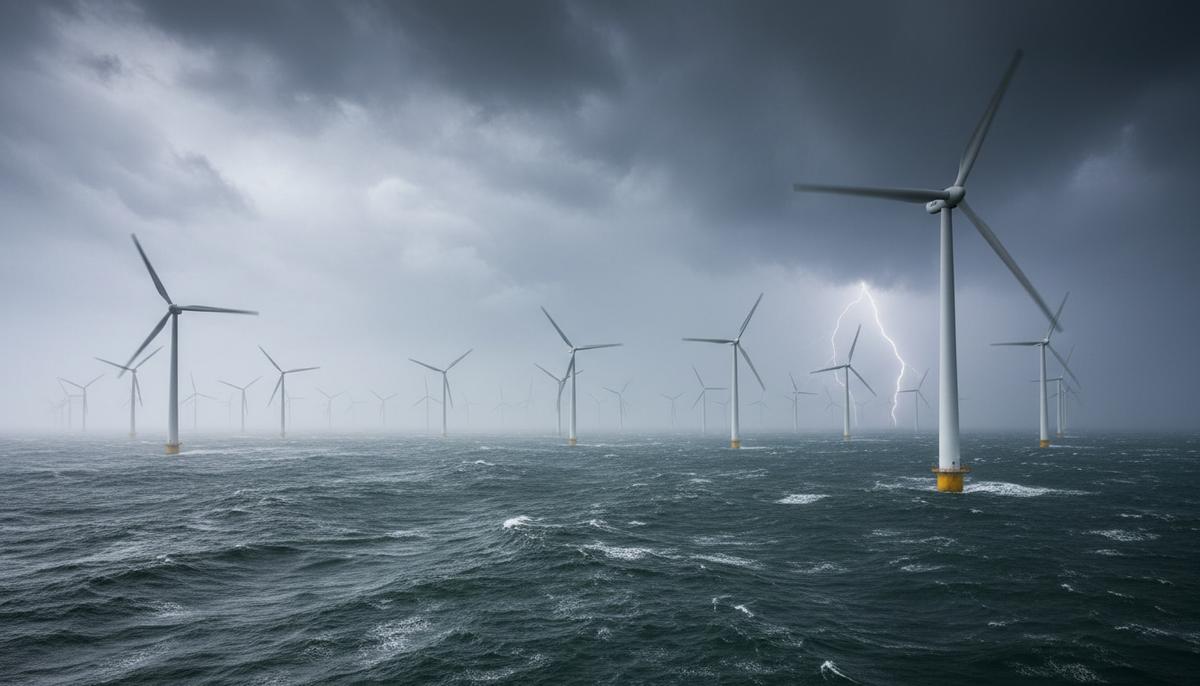 Огромная морская ветряная электростанция в Северном море. Ряды ветрогенераторов уходят за горизонт под пасмурным небом.