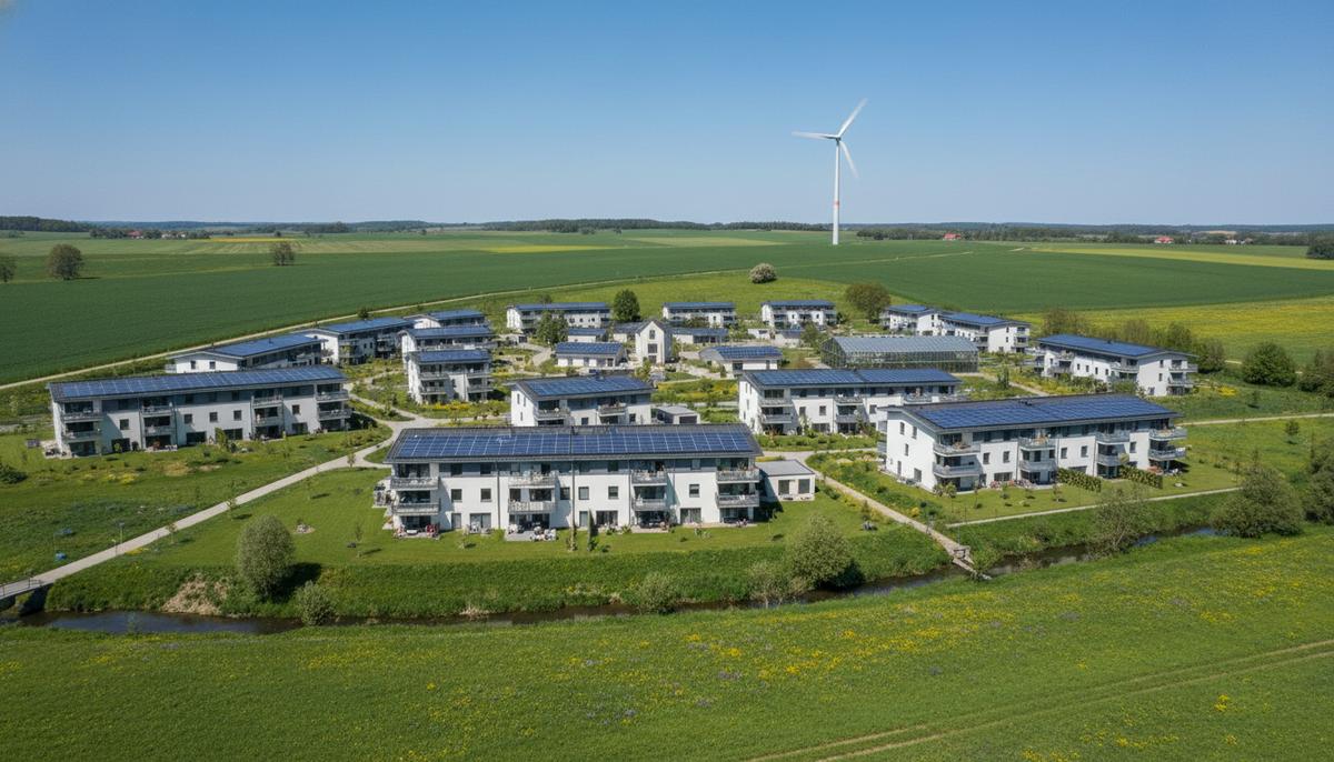 Современный поселок с солнечными панелями на крышах домов и ветрогенератором на фоне зеленых полей и голубого неба.