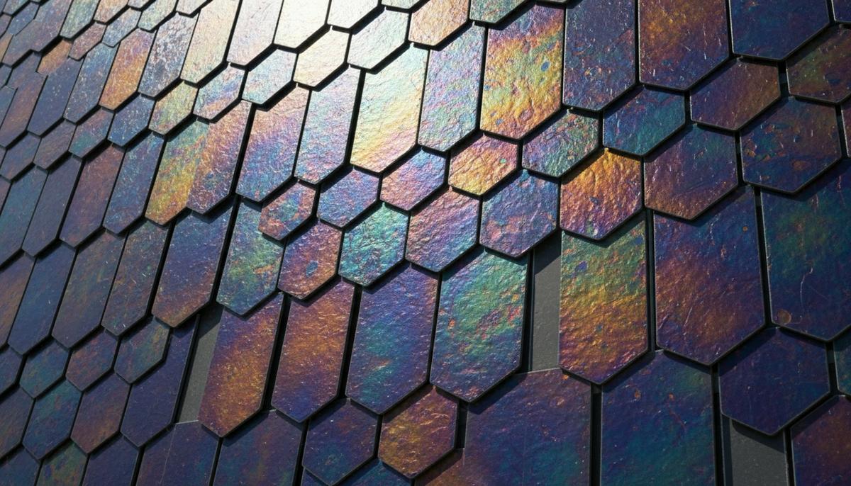 Крупный план фасада современного здания с интегрированными цветными солнечными панелями, переливающимися на солнце.