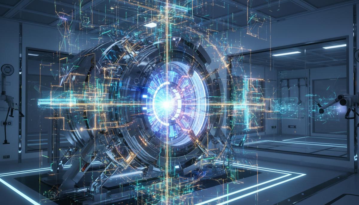 Термоядерный реактор типа токамак в центре современной лаборатории, окруженный светящимися потоками цифровых данных.