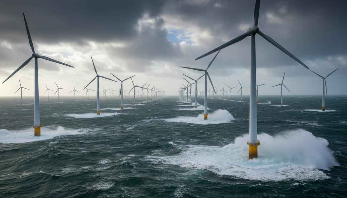 Морские ветряные турбины в бурном Северном море под облачным небом. Мощные волны бьются об основания ветрогенераторов.