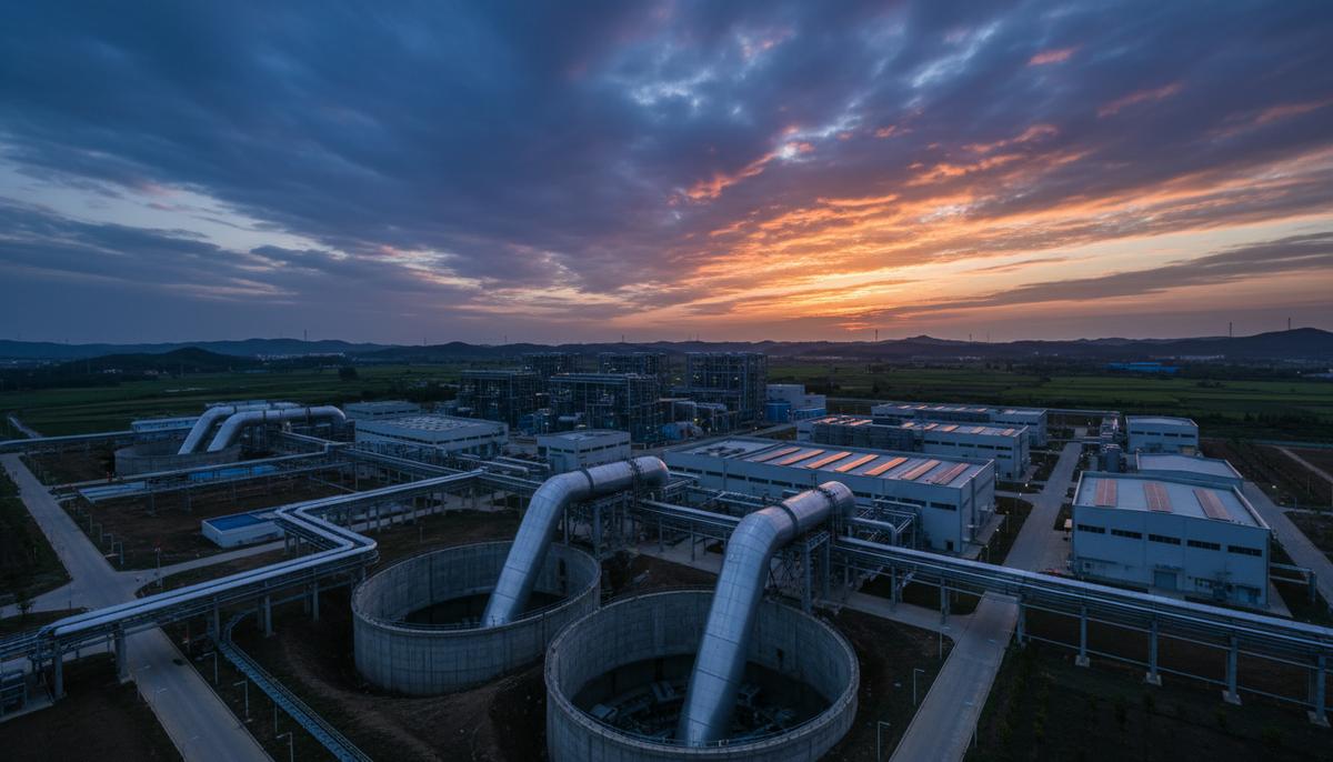 Современная электростанция на сжатом воздухе в провинции Цзянсу, Китай. Промышленные сооружения и трубопроводы на фоне заката.