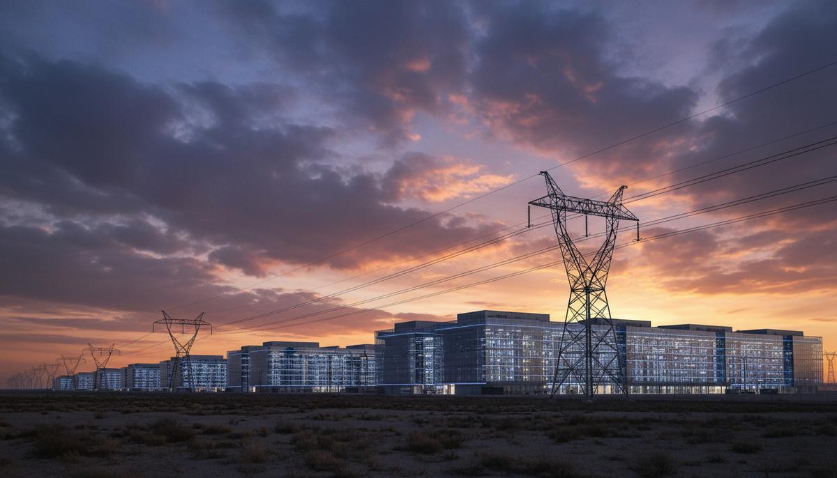 Огромный дата-центр в сумерках со светящимися серверными стойками, к которому тянутся высоковольтные линии электропередач на фоне заката.
