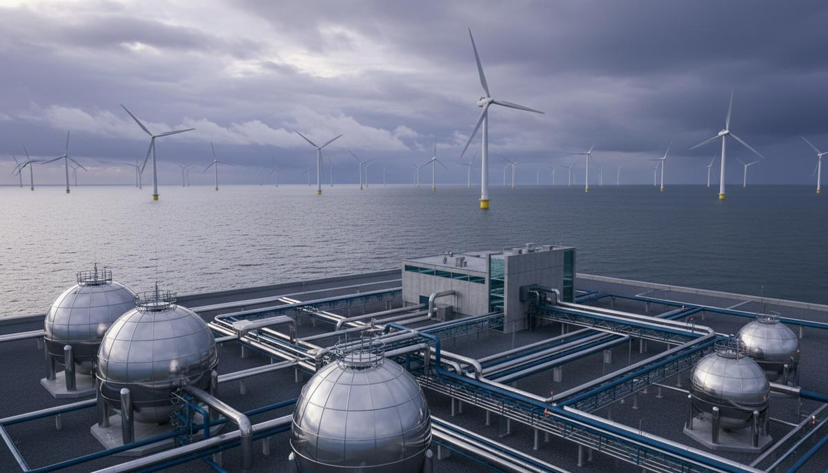 Современный завод по производству водорода с резервуарами и трубопроводами на фоне морской ветряной электростанции.