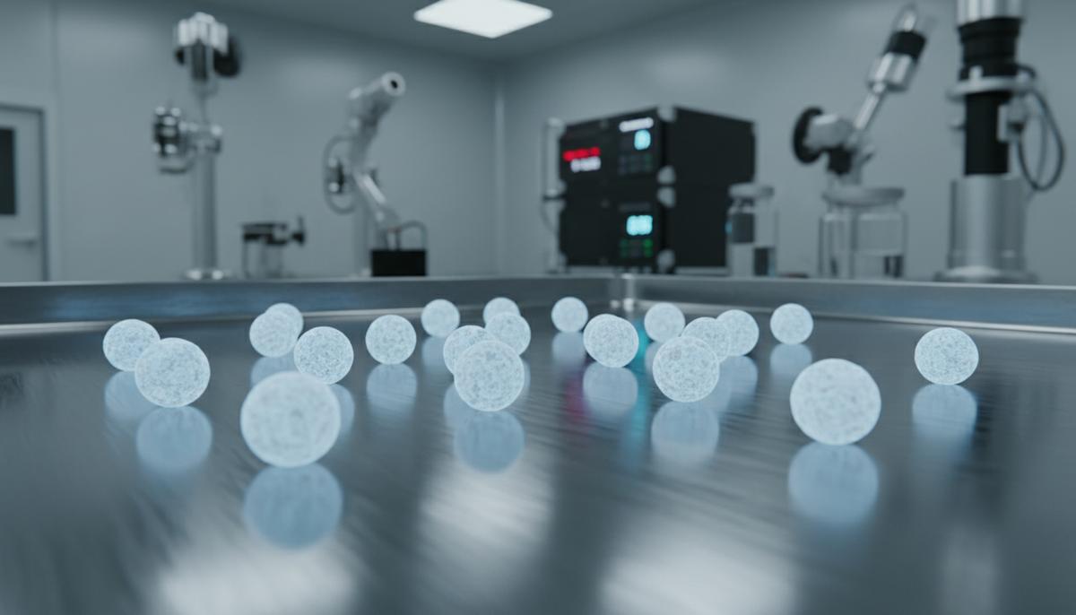 Макроснимок сферических частиц (микросфер) нового керамического ядерного топлива на металлической поверхности в научной лаборатории.