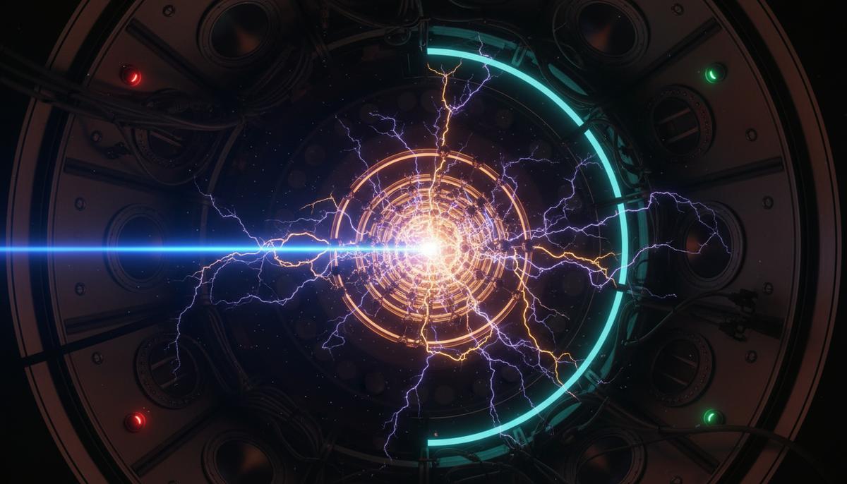 Marvel Fusion: лазеры и нанотехнологии для термоядерной энергетики Крупный план лазерного луча, попадающего в наноструктурированную мишень внутри камеры термоядерного реактора, с яркой вспышкой плазмы.