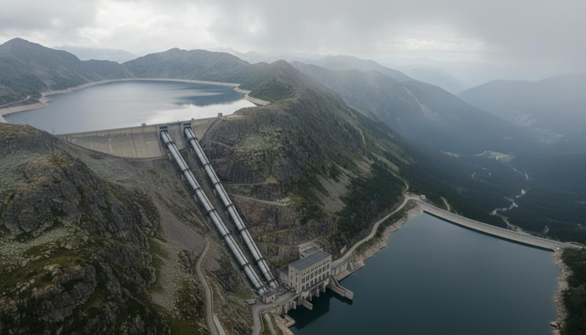 Гигантские «водяные батареи»: Китай делает ставку на гидроаккумуляцию Масштабная гидроаккумулирующая электростанция в горах: верхний и нижний резервуары с водой, соединенные массивными трубами по склону.