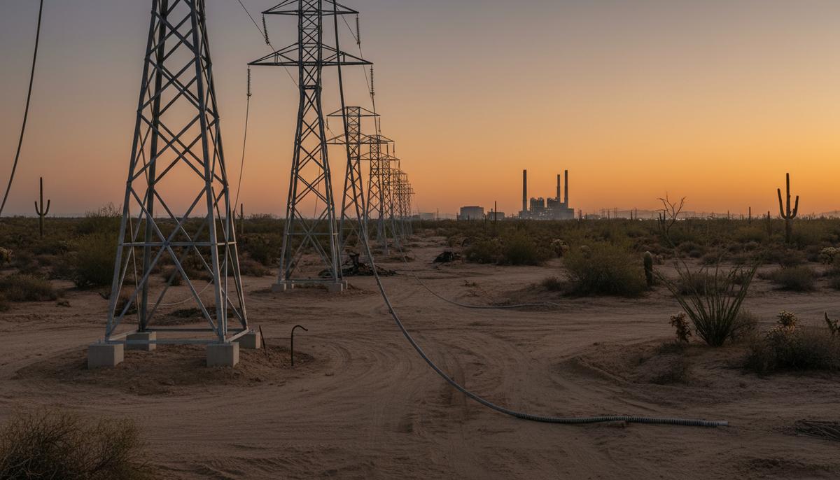 Смена курса в США: отменены кредиты на «зеленую» энергетику Новые опоры ЛЭП с обрывающимися проводами в пустыне на закате, на горизонте виден силуэт электростанции.