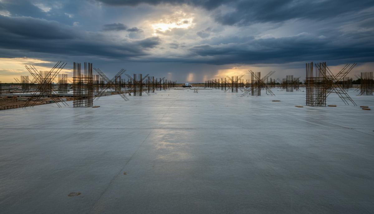 Бетонный след ИИ: как техногиганты снижают углеродный отпечаток дата-центров Огромный бетонный фундамент строящегося дата-центра с торчащей стальной арматурой на фоне пасмурного неба.