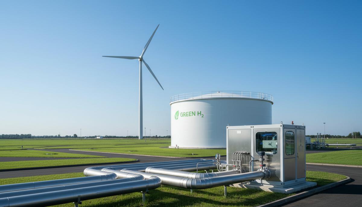 Хемниц становится водородным хабом Германии при поддержке ЕС Современная установка по производству водорода: серебристые трубы, электролизер и большой резервуар для хранения на фоне ветряной турбины.