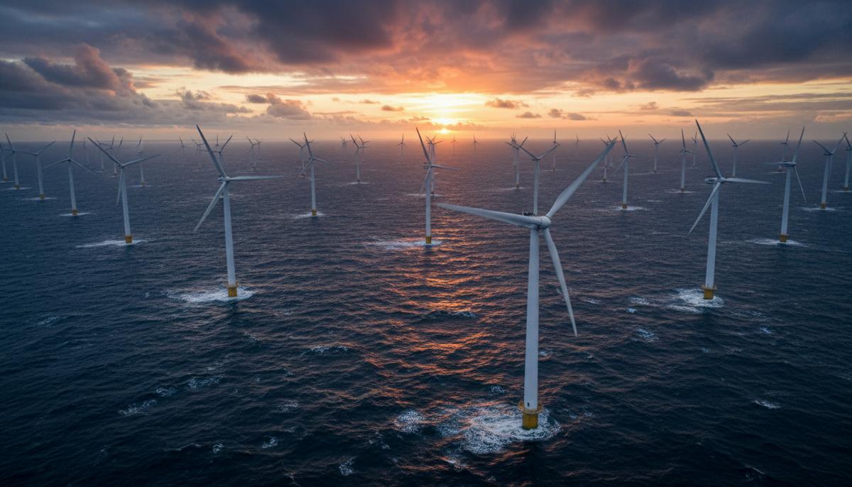 Рынок зеленой энергетики: $230 млрд от частных фондов за 10 лет Масштабная морская ветряная электростанция с рядами турбин, уходящими за горизонт, в неспокойном море под облачным закатным небом.