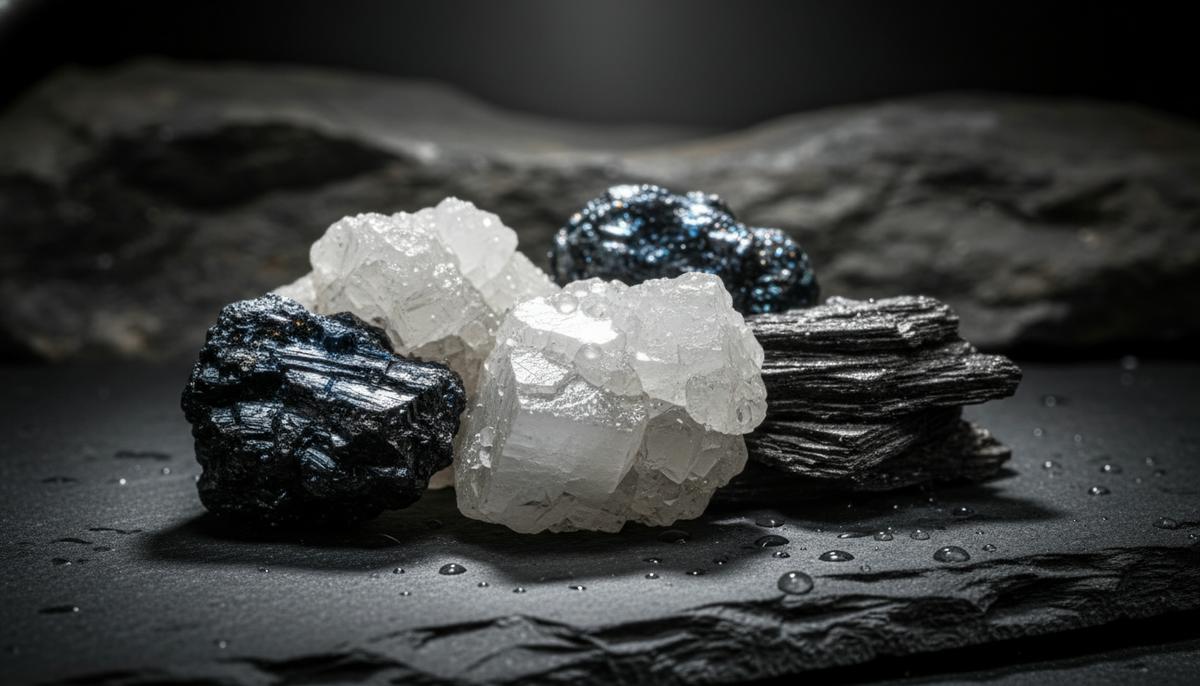 Крупный план образцов необработанных критически важных минералов – лития, кобальта и графита – на темном фоне.