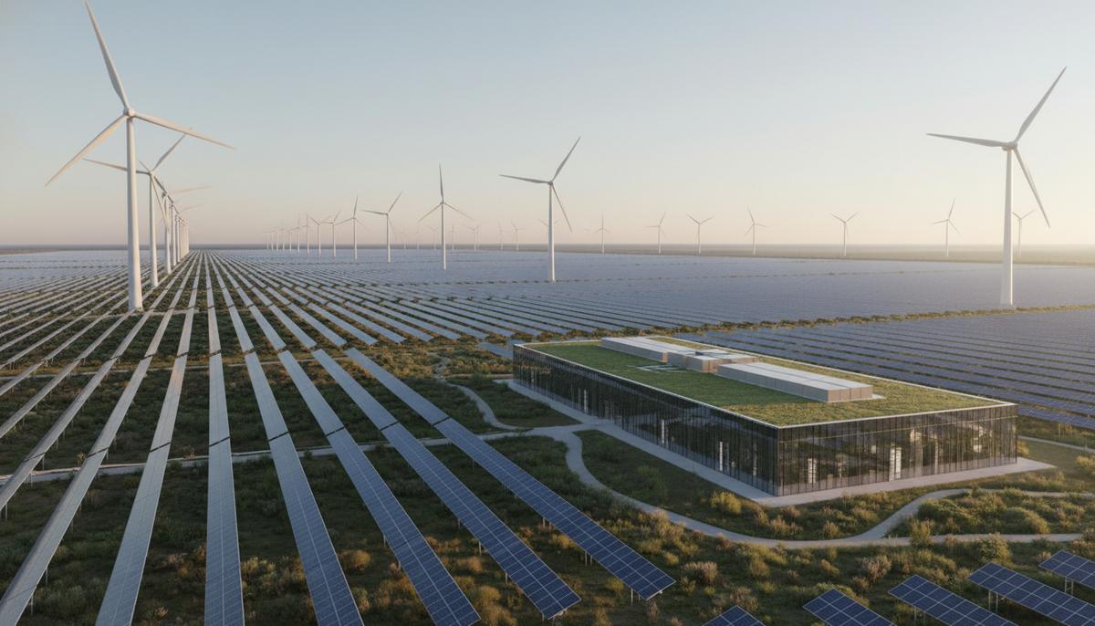 Бескрайнее поле солнечных панелей и ветряных турбин на рассвете, рядом с которым стоит современное здание дата-центра.