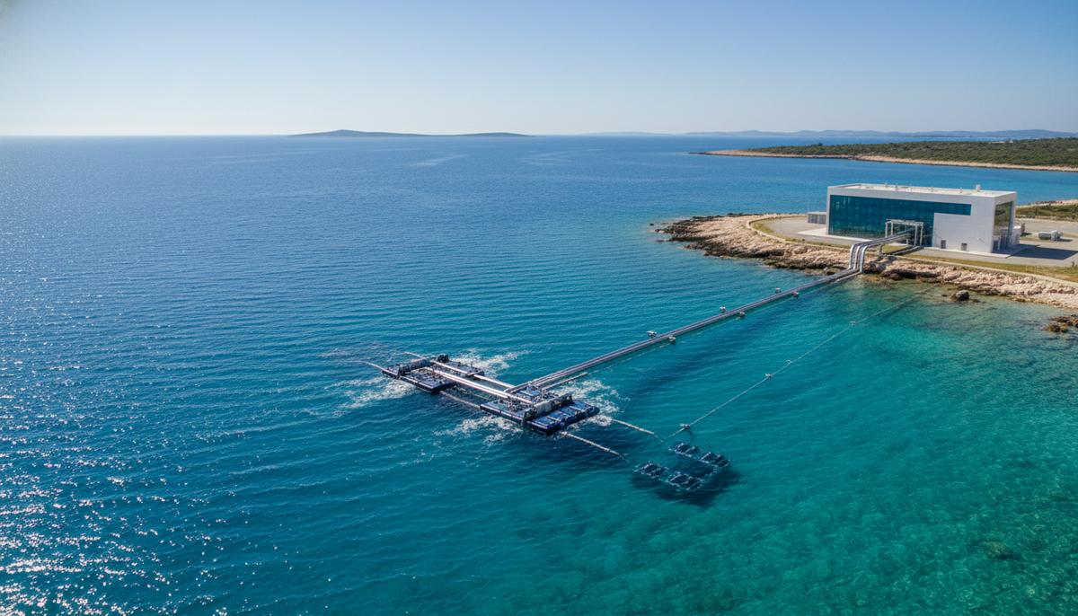 Современная водородная станция на берегу Адриатического моря, соединенная с подводной установкой для преобразования энергии волн.