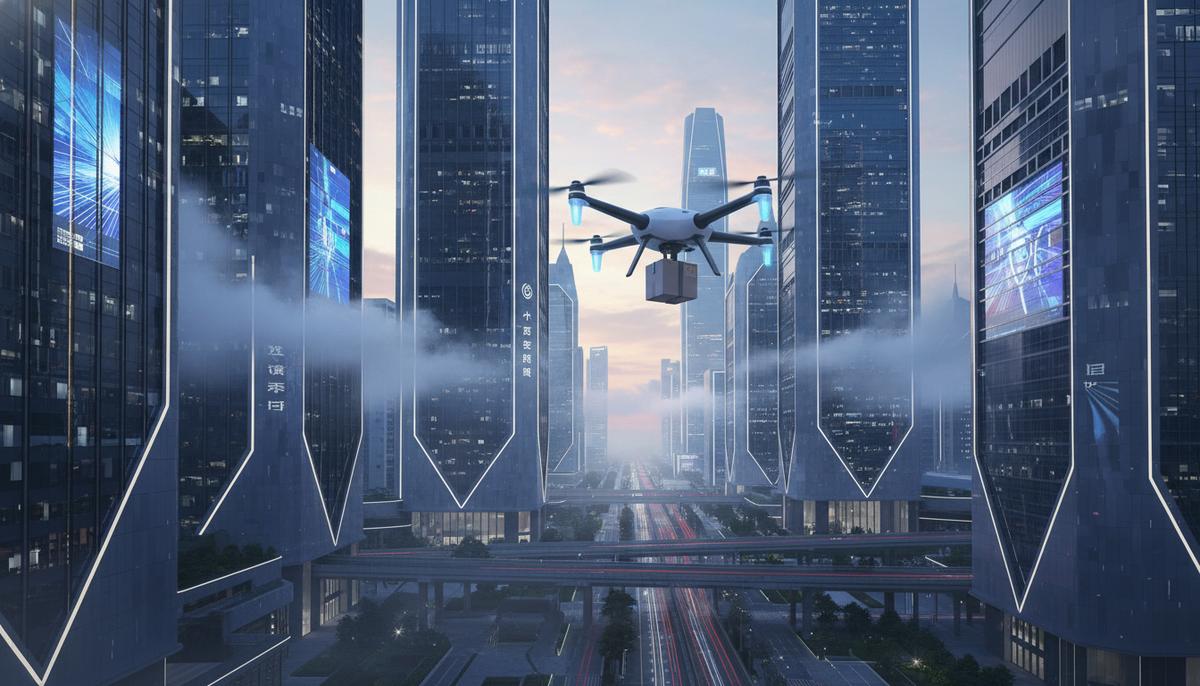 Китай создает метеослужбу для дронов и летающих такси Беспилотный дрон доставки летит между футуристическими небоскребами Шэньчжэня, окутанными утренним туманом.