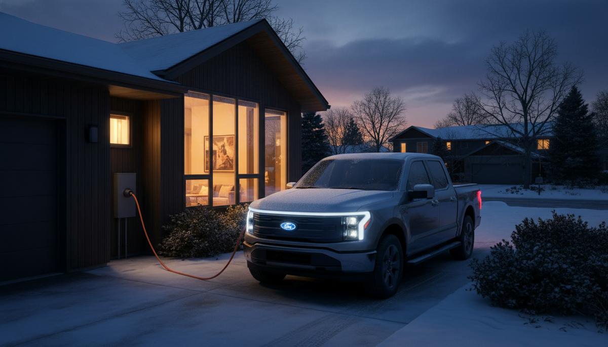 Электрический пикап, подключенный кабелем к загородному дому, питает его энергией во время снежной бури и блэкаута.