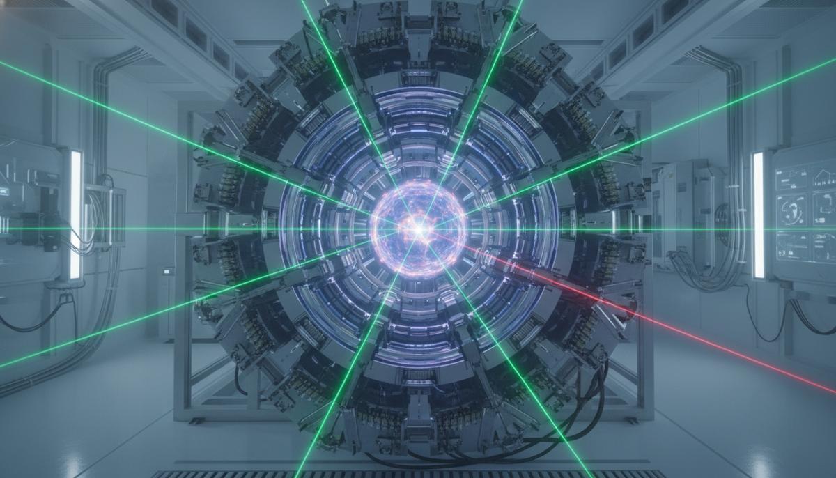 Внутренняя камера термоядерного реактора со светящейся плазмой в центре и сходящимися лазерными лучами.