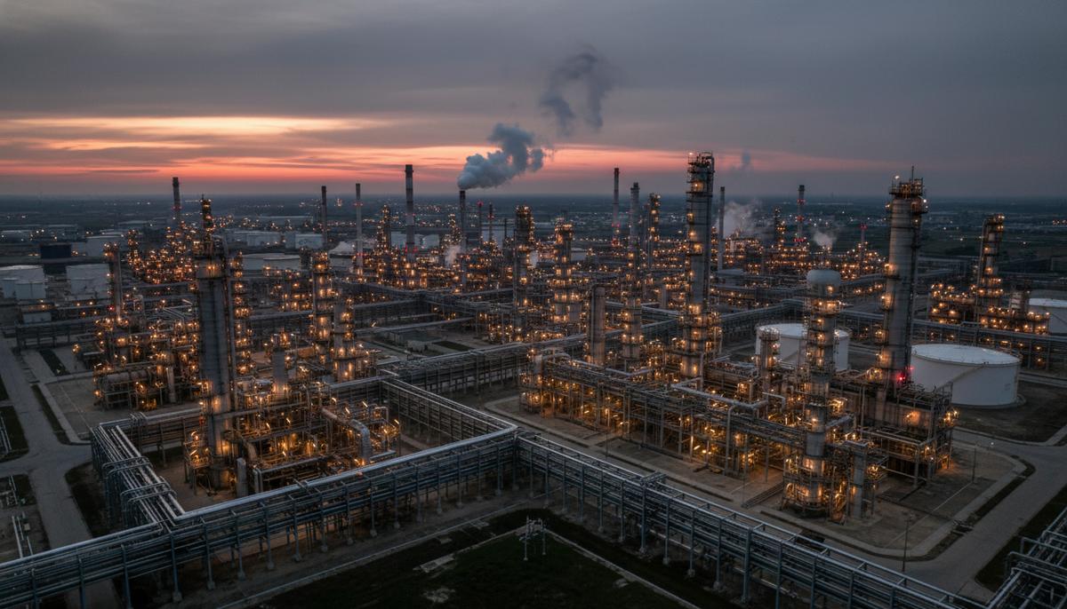 Промышленный пейзаж: крупный нефтеперерабатывающий завод с трубами и резервуарами в вечерних сумерках.