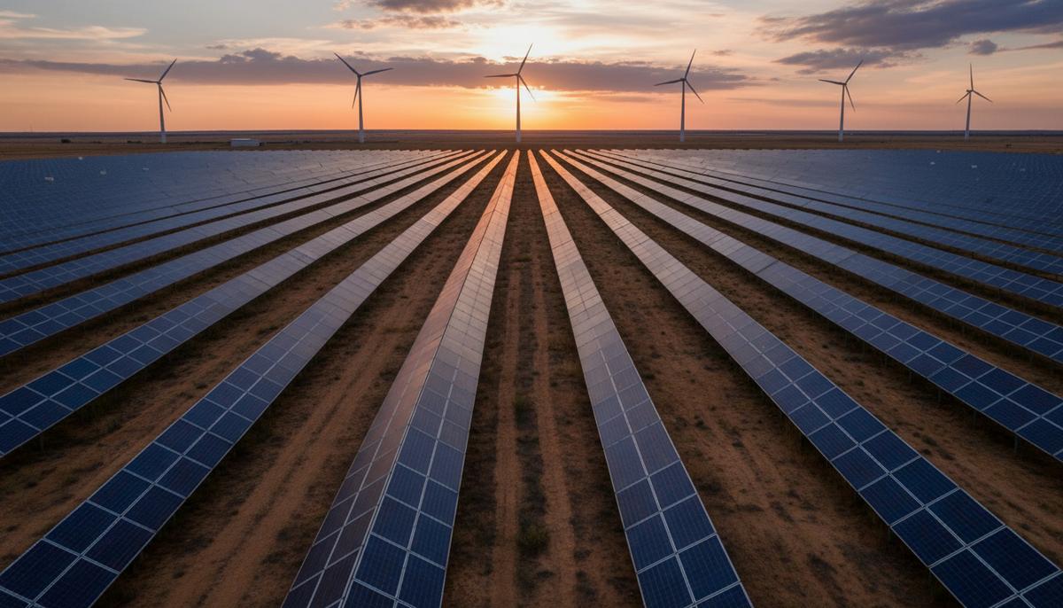 Солнечная электростанция с рядами фотоэлектрических панелей на переднем плане и ветряные турбины на холмах на заднем плане в лучах заходящего солнца.