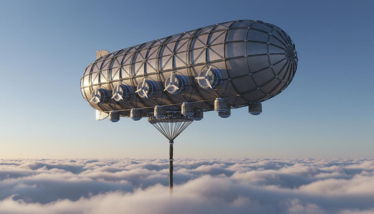 Огромный белый дирижабль-ветрогенератор с турбинами парит высоко в небе над облаками, соединенный с землей тросом.