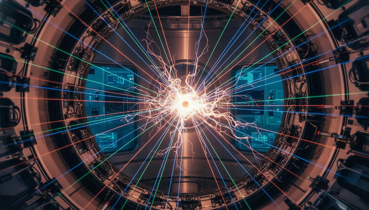 Мощные лазерные лучи, сфокусированные на миниатюрной сферической мишени в центре вакуумной камеры термоядерного реактора.