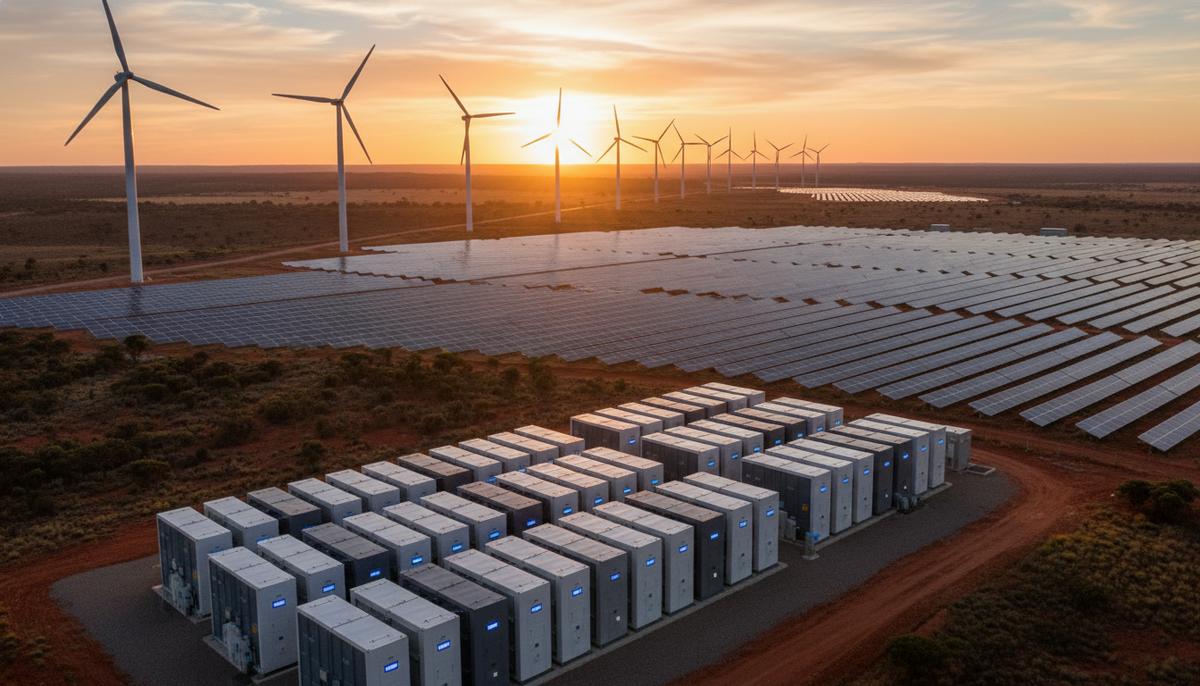 Octopus Australia инвестирует 20 млрд долларов в зеленую энергетику Современные ветряные турбины и солнечные панели в австралийском пейзаже на рассвете рядом с блоком аккумуляторных батарей.