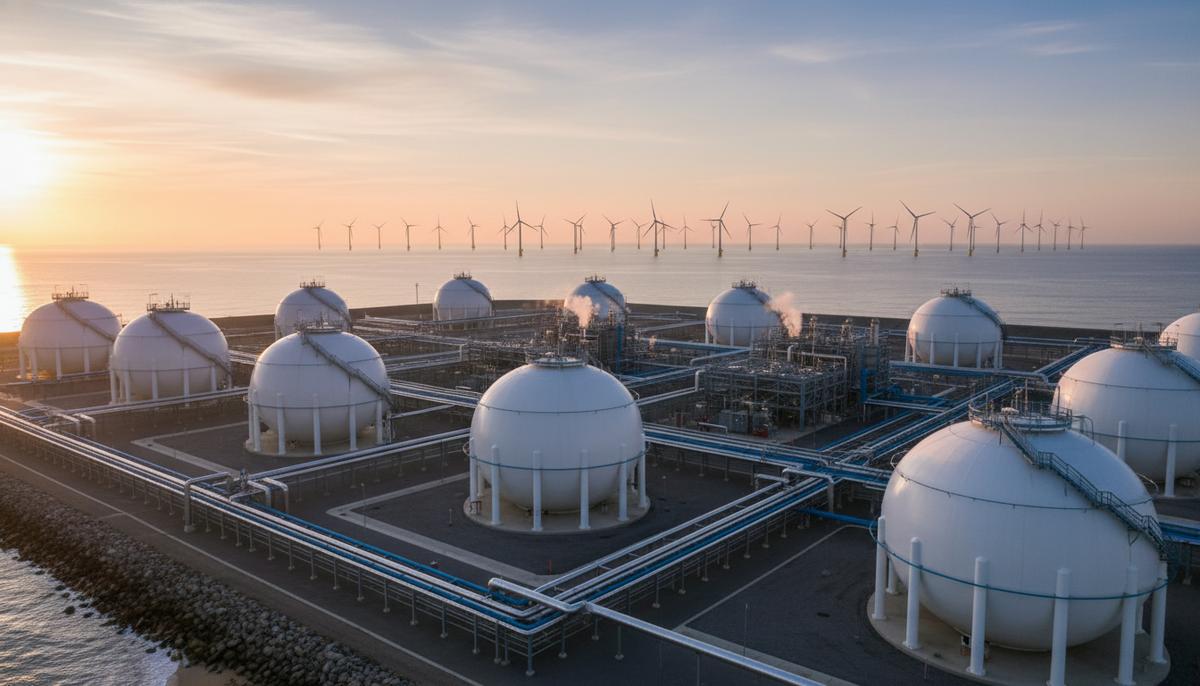Водородный парадокс Британии: инвестиции есть, а спроса нет Современный завод по производству водорода со сферическими резервуарами и трубопроводами на берегу моря на рассвете, вдали – морская ветряная электростанция.