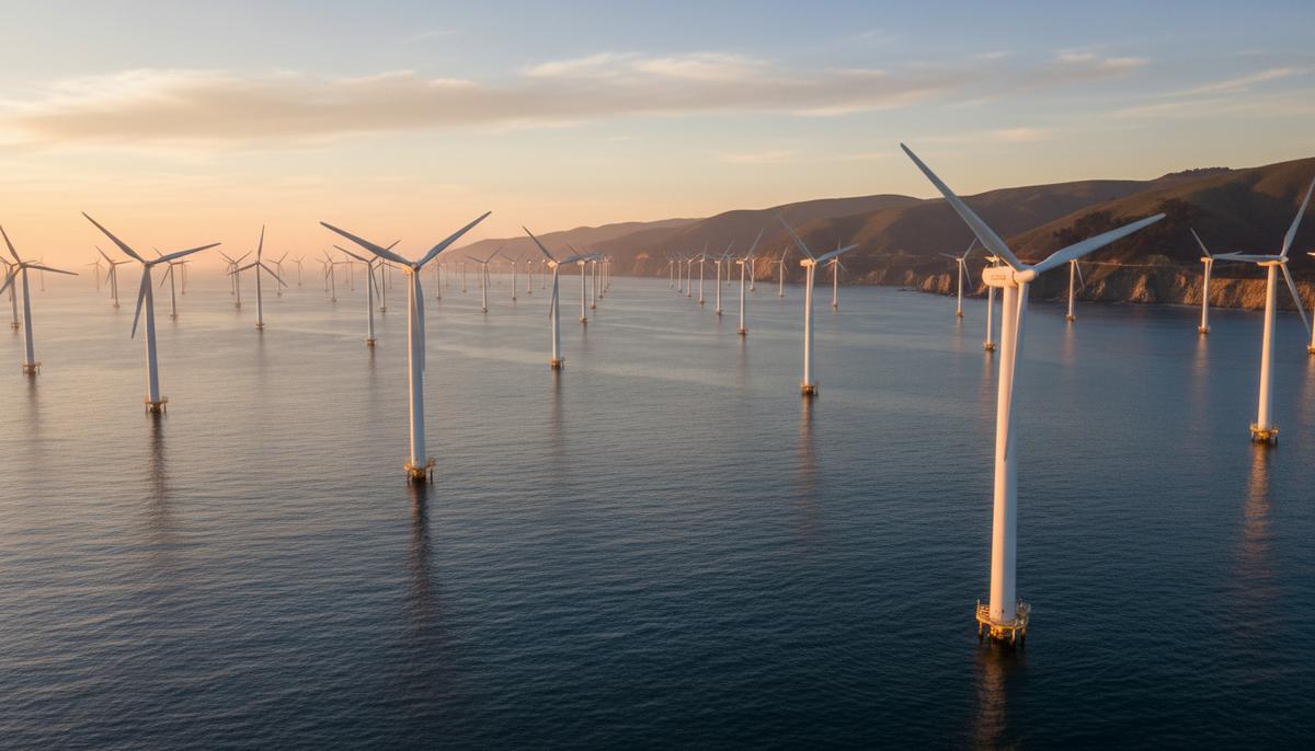 Морская ветровая электростанция с рядами турбин в океане на фоне скалистого побережья во время заката.