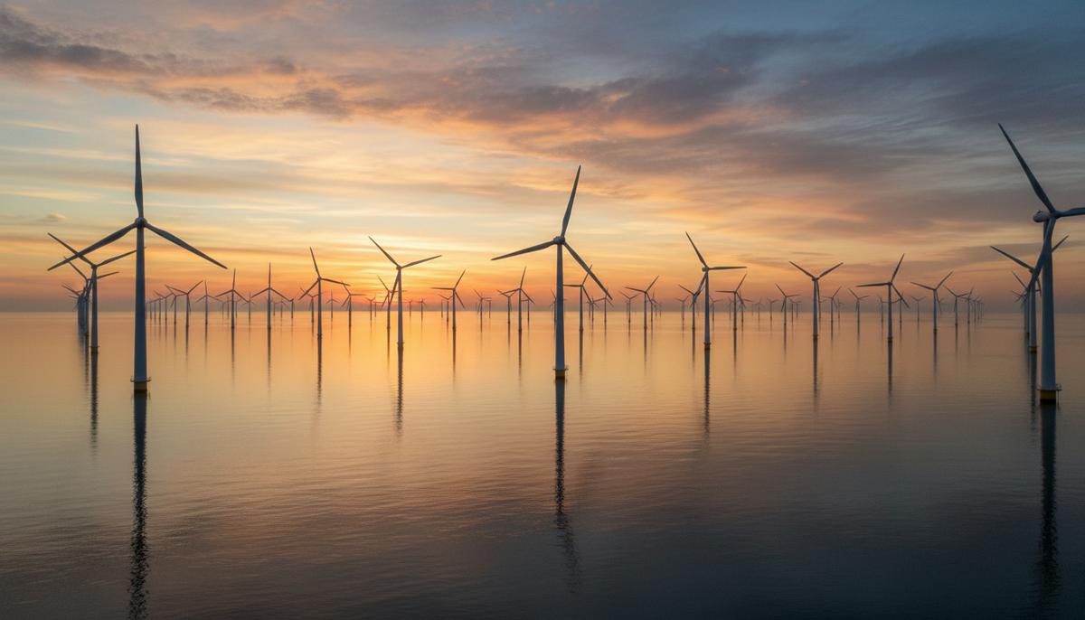 ЕС рискует будущим зеленой энергетики без поддержки инноваций Морская ветряная электростанция с рядами ветрогенераторов в море на фоне восходящего солнца.